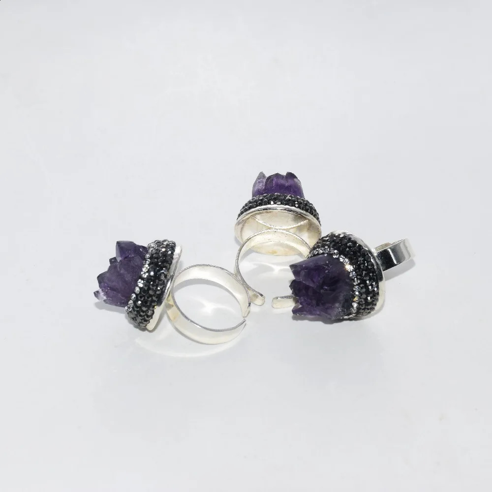 Uruguay Amethyst Purple Raw crystal quartz druzy adjustable rings rhinestone paved cluster geode druzy stone rings women 250121