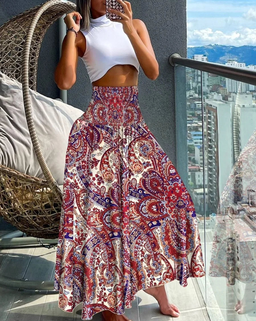 2024 Plus Size European and American Crossborder Summer Fashion Print High Waist Slim Skirt 250122
