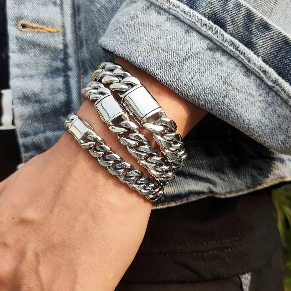 8mm-14mm Thick Stainless Steel Miami Cuban Link Bracelet Gold/Silver Plated Hip Hop Jewelry for Men Women 250115