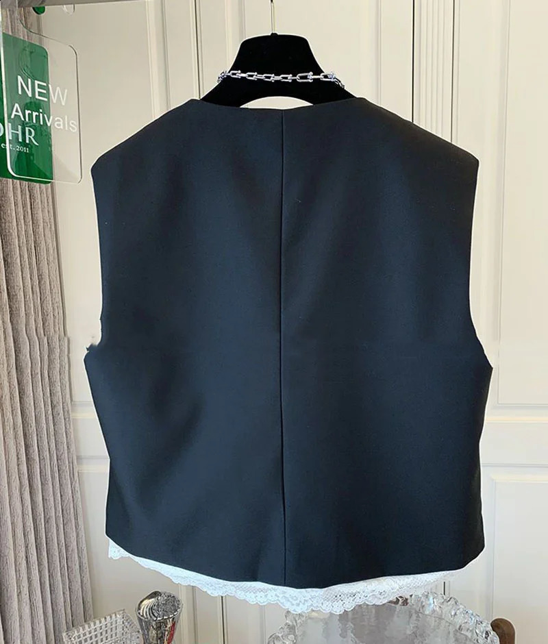 Lace Patchwork Women Vest Korean O Neck Casual Sleeveless Jackets 2024 Female Loose Waistcoat Vintage Chic Top Clothing 250113Z