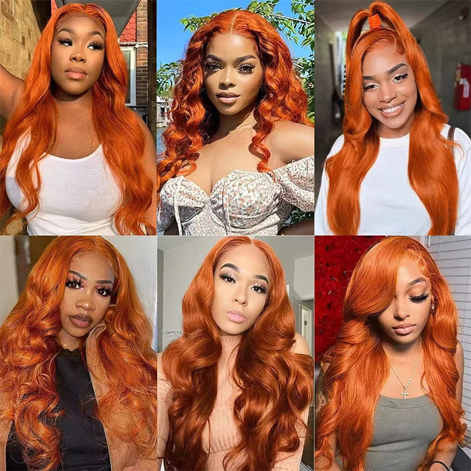 Ginger Body Wave 13x4 Transparent Front Human Hair Wigs Pre Plucked Bleach Orange HD 13x6 Lace Frontal Wig For Women