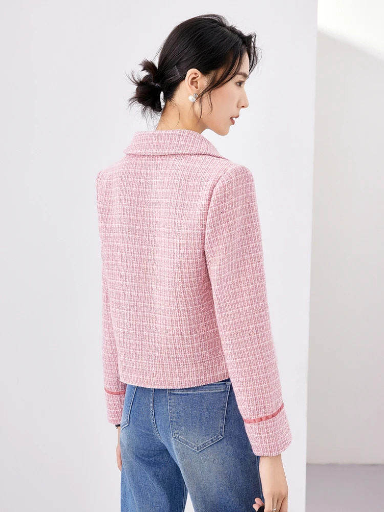 Vimly Elegant Pink Tweed Jacket Autumn Winter Clothes Women Single Breasted Long Sleeve Lapel Texture Coat Outerwear M2891 250122
