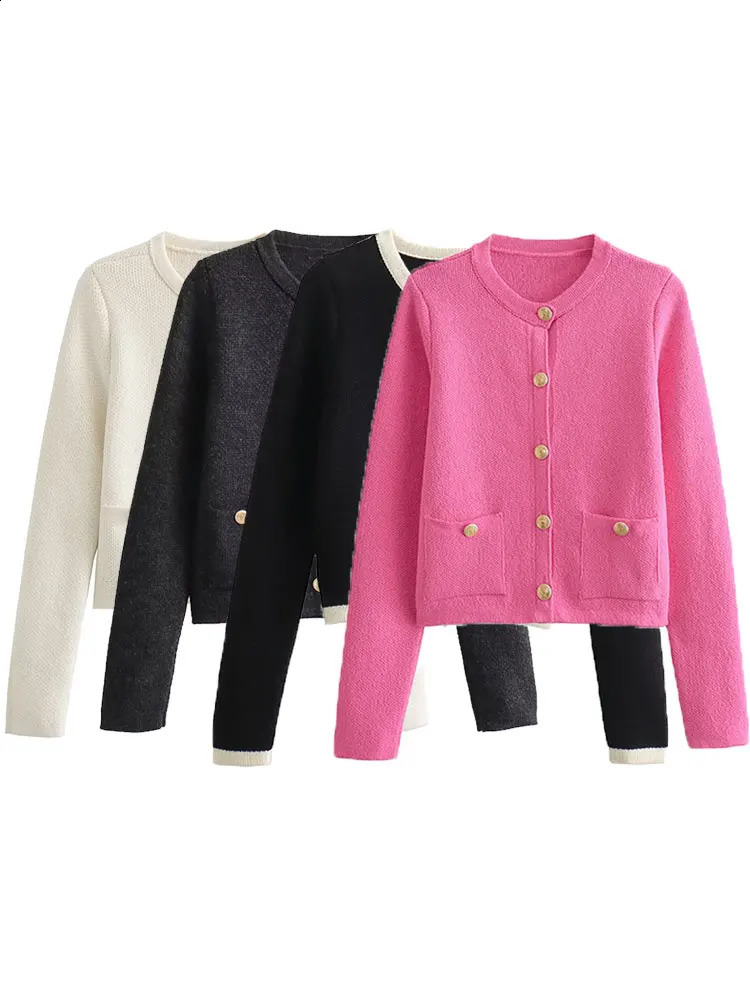 TRAF Womens Knitted Cardigan Sweater Golden Buttons Front Patch Pockets Long Sleeve Female Outerwear Chic Tops 250116
