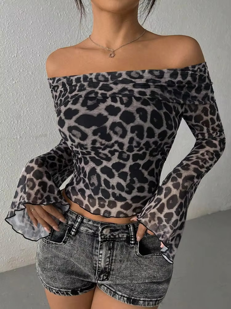 Lygens Leopard Print Long Sleeve Mesh Ruched Slim Crop Tshirt Top Casual Clothes Sexy Y2k Streetwear Manufacturer 2024