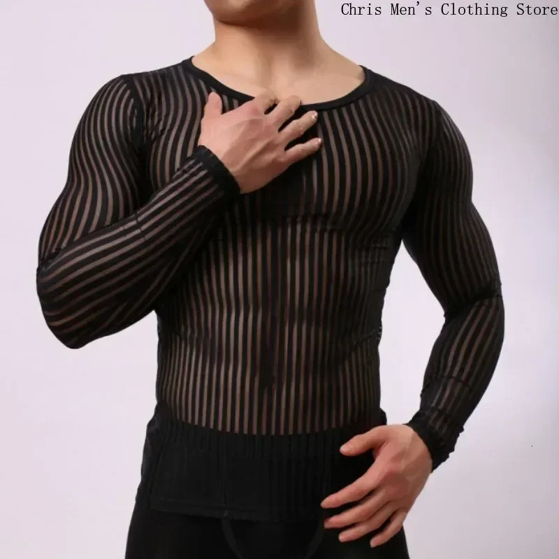 Mens Breathable Quick Drying Training Tight T-shirt Sexy See-through Mens T-shirt Muscle Men Stretch Casual Base Long Sleeve Tee 250117