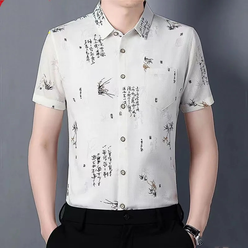Summer Printed Mens Square Neck Ice Silk Fabric Fashion Versatile Short Sleeve Loose Single Row Multi Button Shirt Top 250110