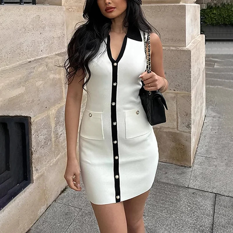 TARUXY Summer Sleeveless Knitted Mini Dress For Women Contrast Color Slim Dress Knitwear Single Breasted With Pocket Female 250113