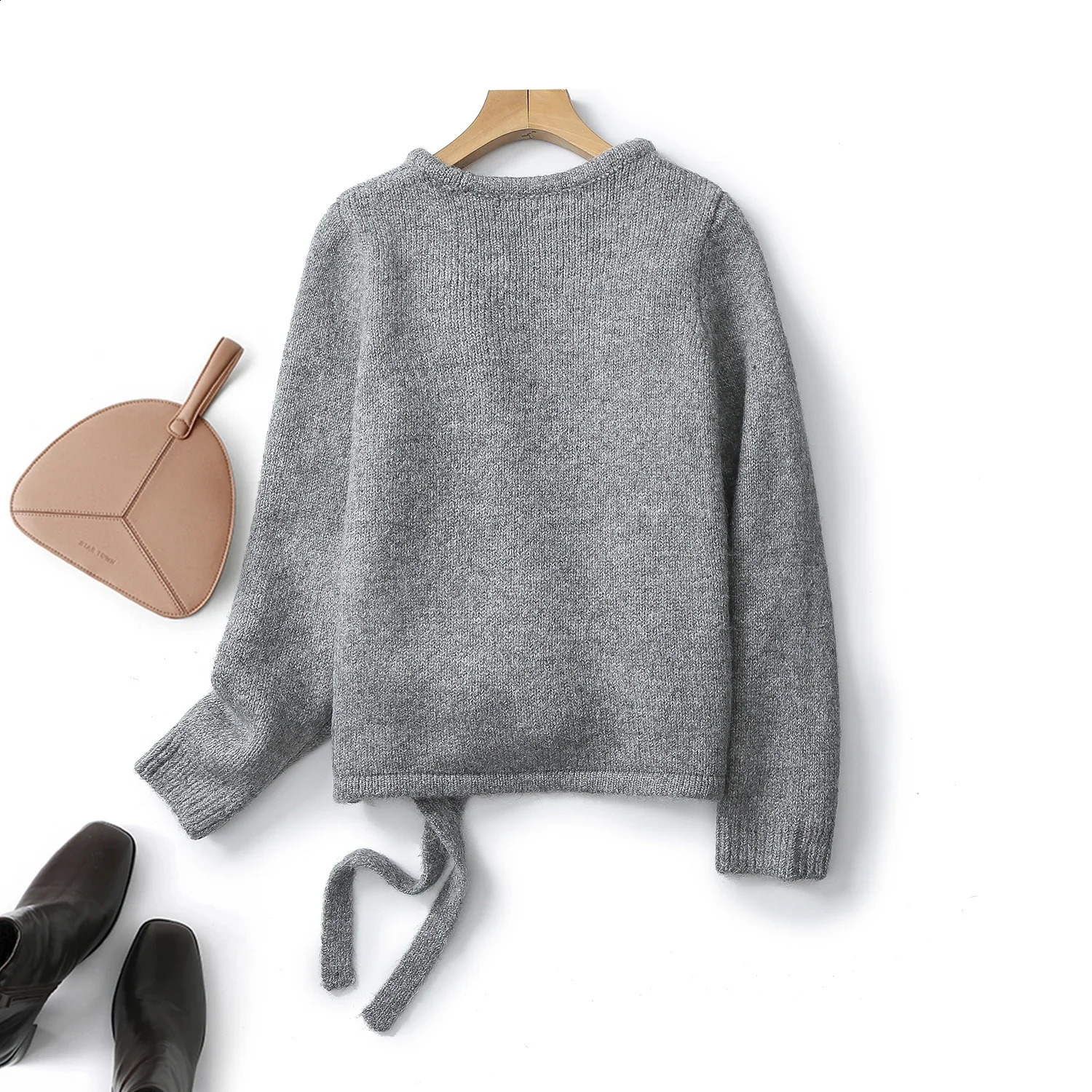 Ethereal massdutt winter style of Womens casual standard version grey wool blend asymmetrical cardigan 250116
