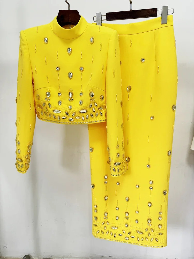 HIGH STREET est Runway Suit Set Womens Stand Collar Zip Back Cropped Tops Long Skirt Set 2pcs 250122