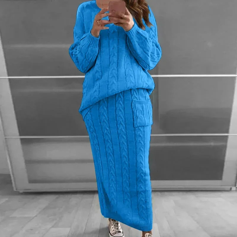 Womens Sweater Set Autumn and Winter Two Piece Sets Oneck Knit Tops Skirt Solid Casual Warm Dress 250122