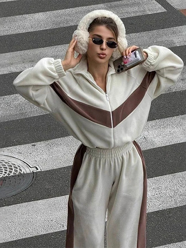 Casual Pants Sets Women Tracksuit Suits Retro Zipper Bomber Jacket Sweatshirt High-waisted Trousers Womens All-match 2-piece 250110