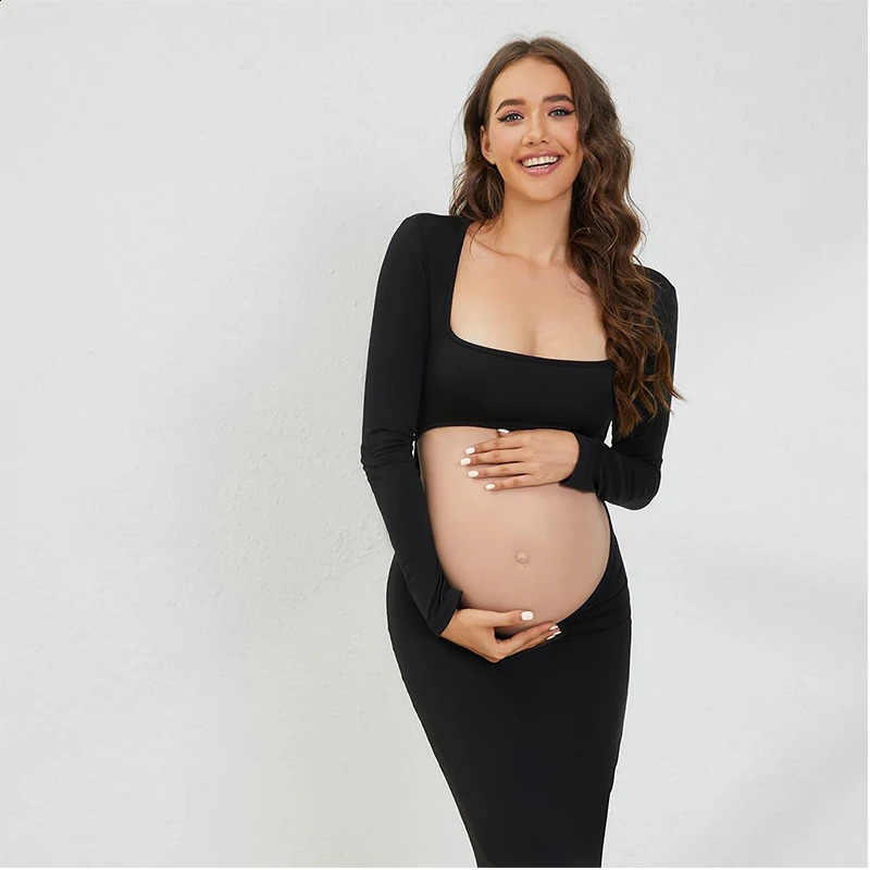 Maternity Sexy Bodycon Dresses Pregnant Po Dress Square Neck Long Sleeve Wedding Party Pregnant Clothes 250116