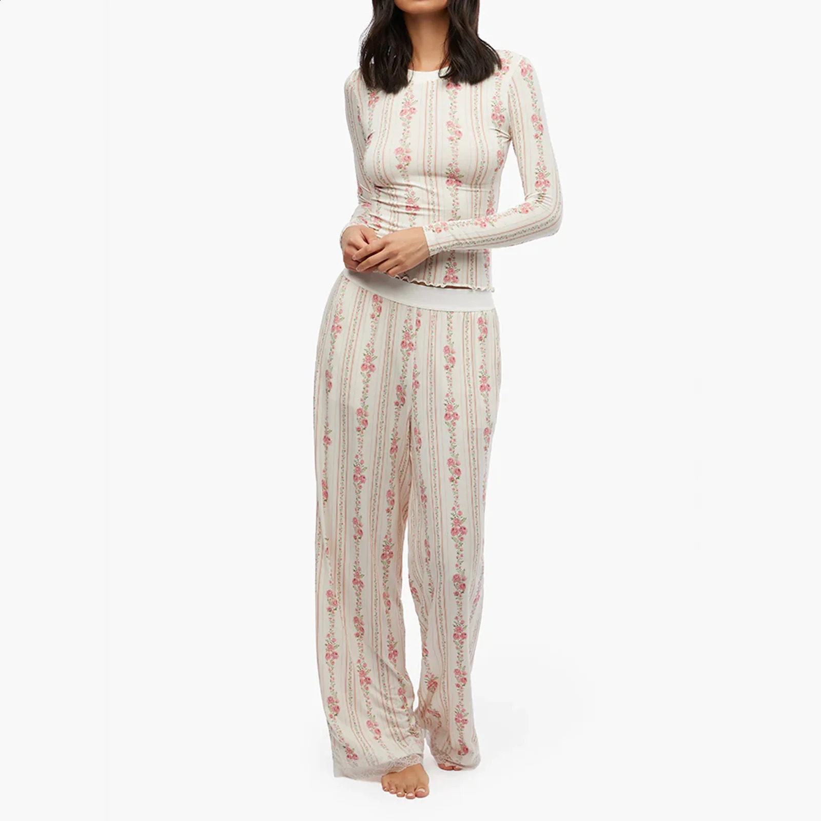 Women Y2k 2 Piece Lounge Set Lettuce Edge Hem Long Sleeve Bodycon Shirts High Rise Wide Leg Pants Snug Fit Pajamas 250113