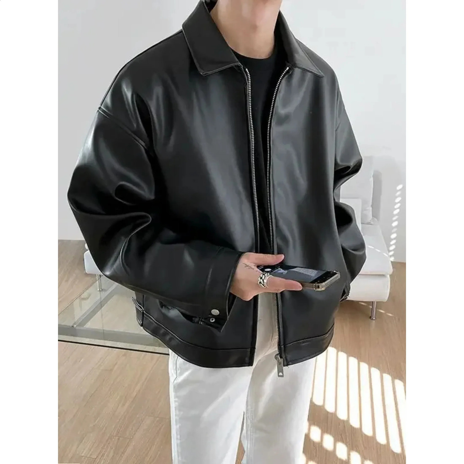 Trendy Mens Leather Jacket Korean Style Pu Leather Spring Casual Motorcycle Jacket Trendy Baseball Uniform 250120