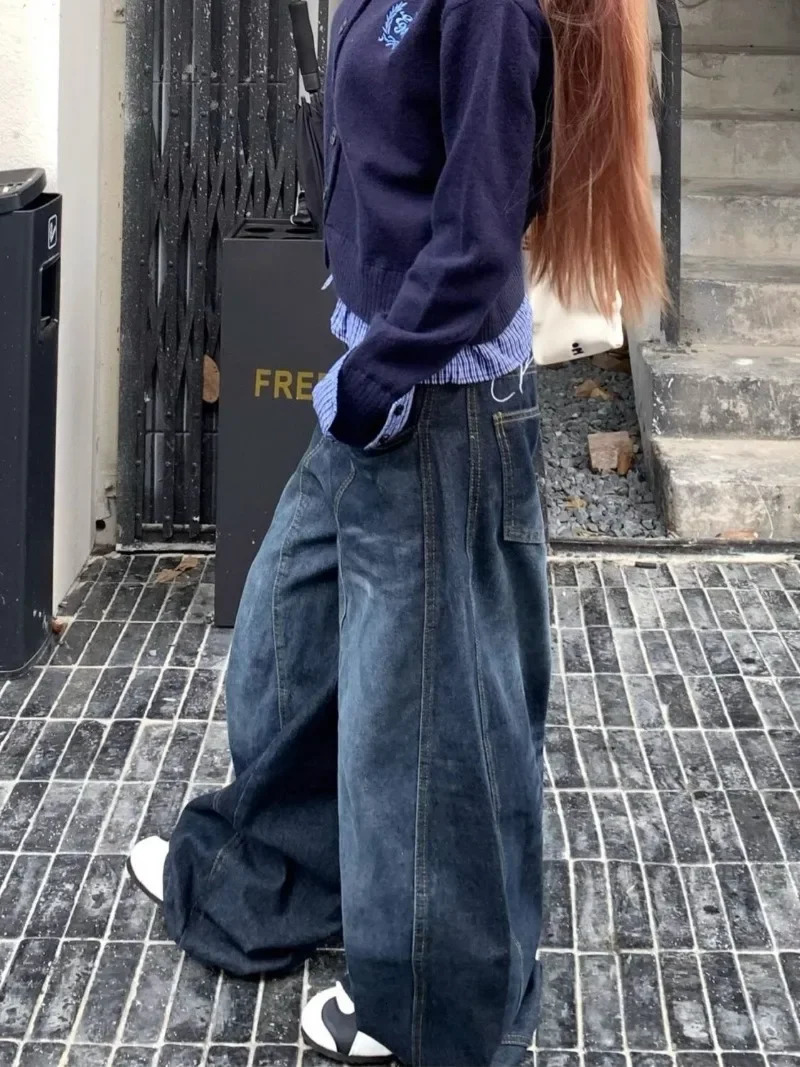 Streetwear Vintage Fashion Oversized Letter Embroidered Baggy Jeans Women Y2K Hip Hop Pop Casual High Waist Wide Leg Pants 250117