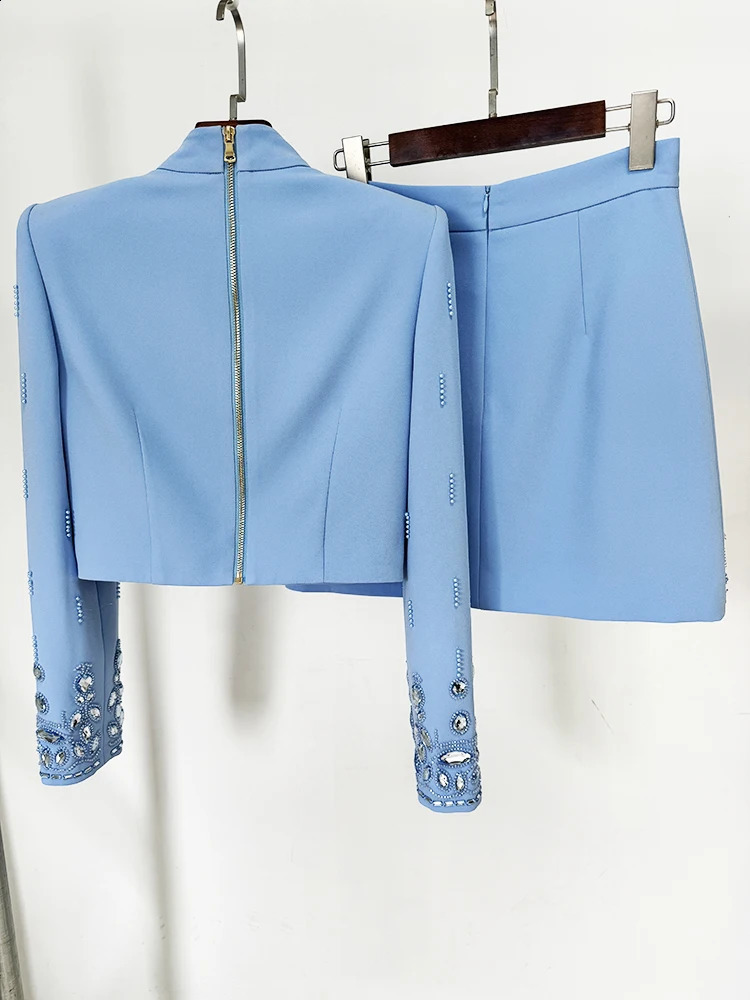 HIGH STREET est Fashion Runway Suit Set Womens Rhinestone Diamonds Beading Cropped Top Mini Skirt Set 2pcs 250122