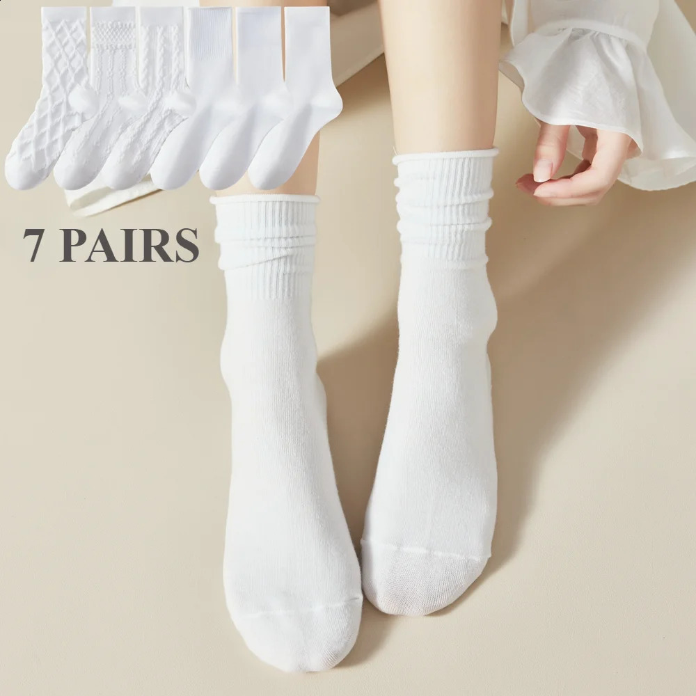 7 Pairs Ruffles White Women Socks Floral Middle Tube Crew Socks s Japanese Style School Socks Dancing Autumn Spring 250121