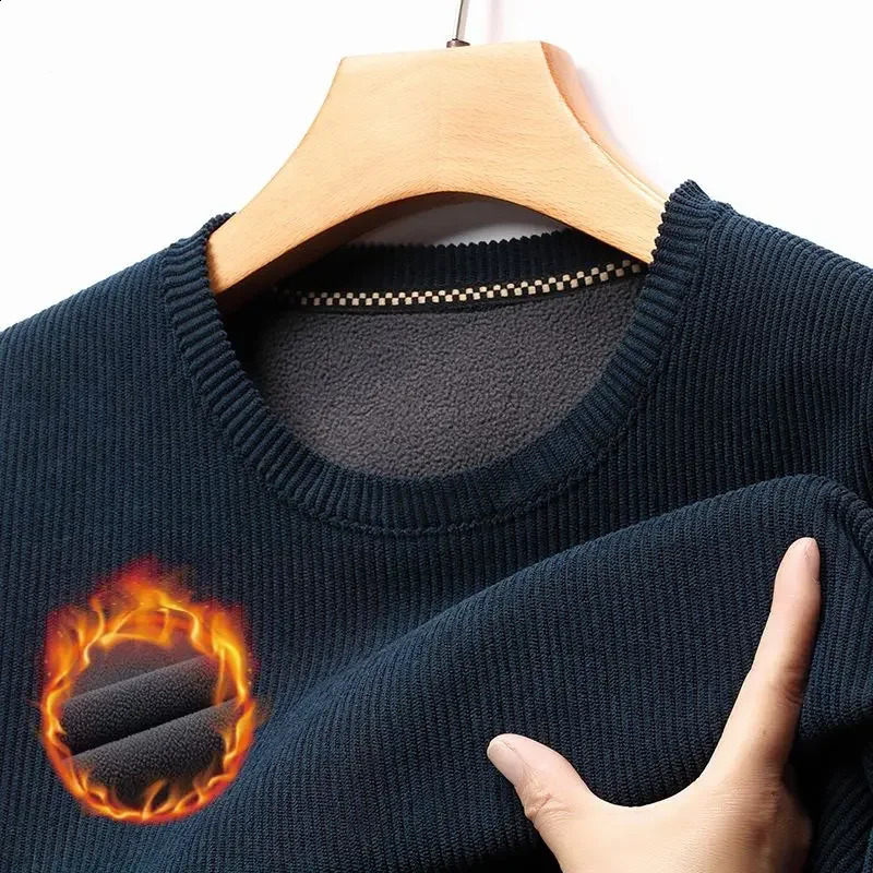 Mens Plush Thick Round Neck Long Sleeved Tshirt Korean Sweater Highend Warm Bottom Shirt Solid Color Top 250122