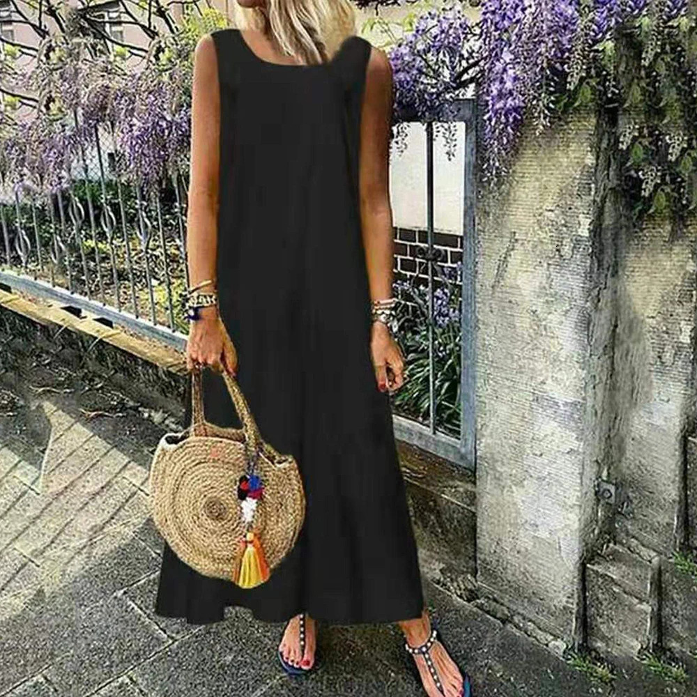 Plus Size L5XL Solid Sleeveless Cotton Linen Tank Dres ONeck ALine Dress Summer Streetwear Simple Midi Dresses Female 250121