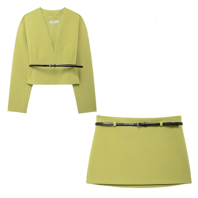 Willshela Women Fashion 2 Piece Set With Belt Green Shirts Vintage High Waist Side Zipper Mini Skirt Female Chic Skirts 250122