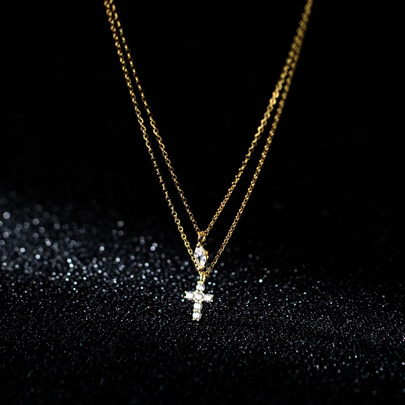 WANTME 925 Sterling Silver Trendy Double Cross Geometric Zircon Statement Gold Clavicle Necklace for Women Elegant Charm Jewelry 250117