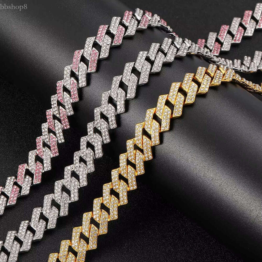 European American Male Hip Hop Necklace 14mm Pink White Dia Cuban k Clavicle Chain