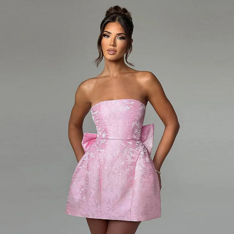 Townlike Jacquard Waist Wrap A-line Dress Women Mini 2024 Spring Summer Dress Elegant Bow Backless Sexy Party Dresses 250121