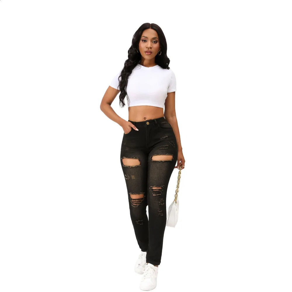 Summer Black Torn Jeans Women Skinnt Fit Damaged Holes Sexy Pants For Female 250109