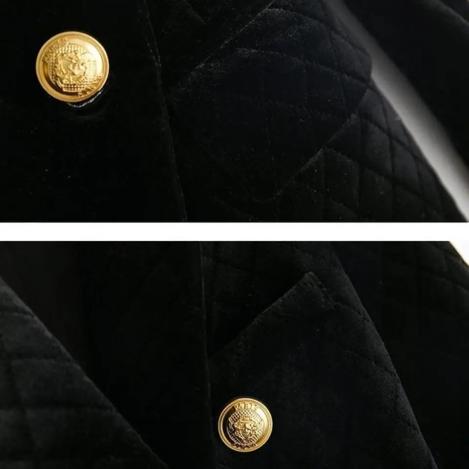 2024 Autumn Winter Cotton Velvet Suit Double Row Metal Buckle Blazer Jacket High Waist Cinching Slimming Womens Warm 250113