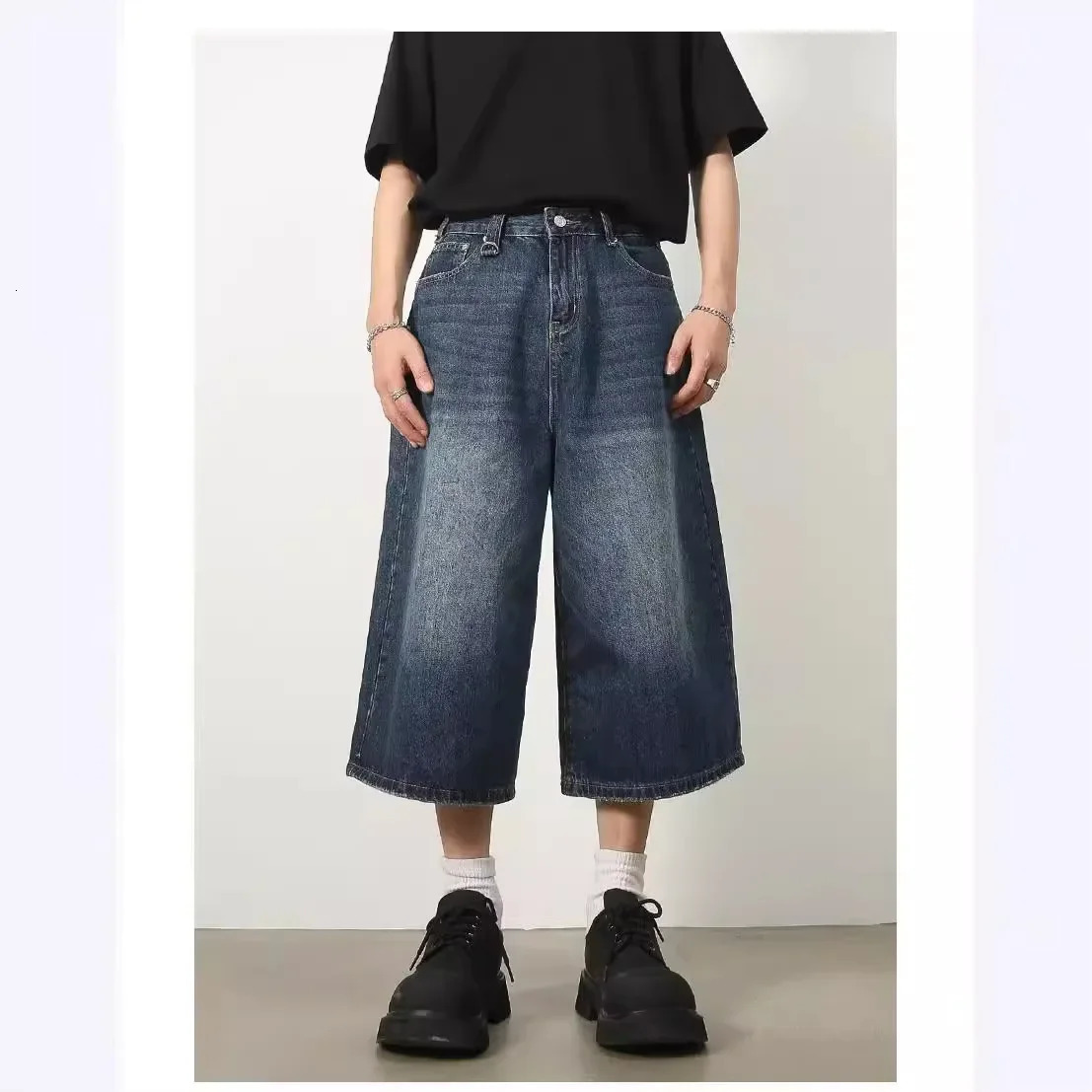 Mens Summer Solid Color Trendy Deep Blue Denim 7-Piece Versatile Loose-Fit Wide-Leg Straight-Leg Shorts 250117