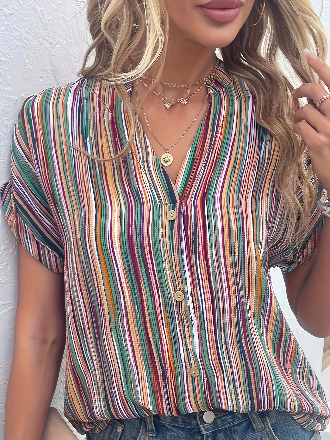 Plus Size Striped Print Blouse Casual Round Collar Half Sleeve For Spring Womens Clothing 250122