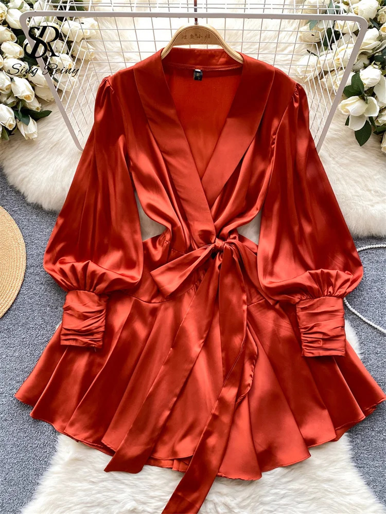 SINGREINY Women Senior Satin Sexy Dress 2024 Fashion Deep V Neck Bandage French Spring Lantern Sleeve Pleated Wrap Dress 250121