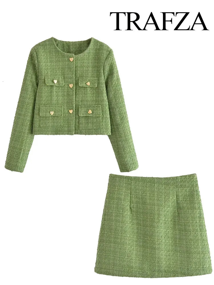 TRAFZA Suits For Women Fashion Green Coarse Weaving Loose Single Breasted Jackets Slim Chic And Elegant Womens Autumn Skirts 250122