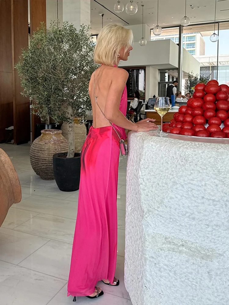 Women Halter Print Elegant Evening Party Dresses 2024 Summer Backless Bodycon Temperament Sleeveless Ladies Drape Tie Dye Dress 250121