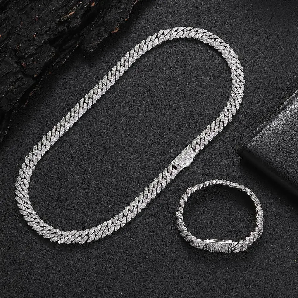 10mm Lab Diamond Cuban Chain Mens S925 Silver Plated Necklace Zircon Bracelet Hip Hop Rock Neck Collar Jewelry 250121