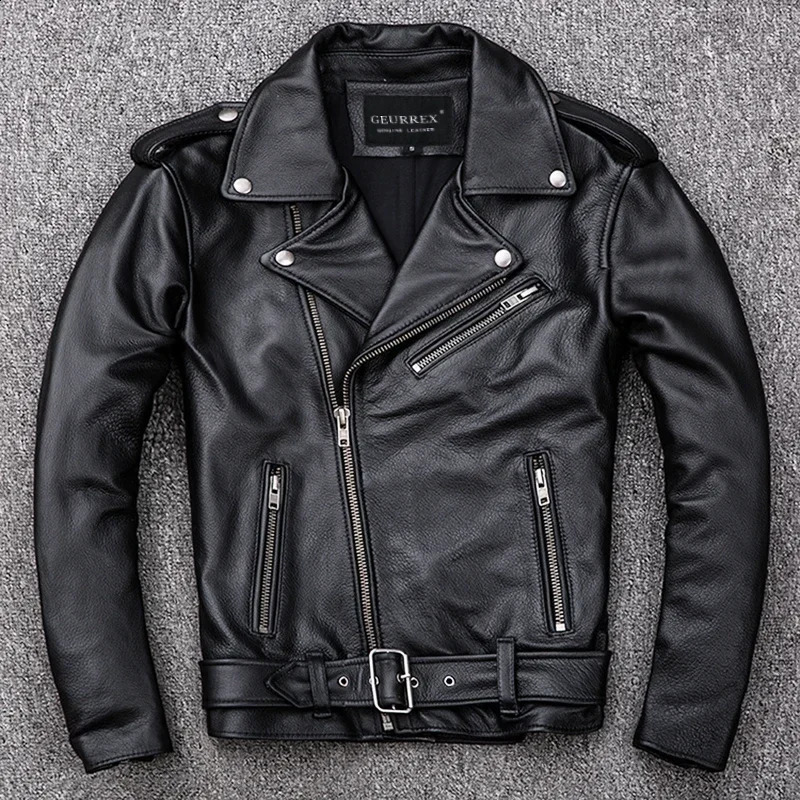 Spring Classical Motorcycle oblique zipper Jackets Men Leather Jacket Natural Calf Skin Thick Slim Cowhide Moto Jacket man 250120