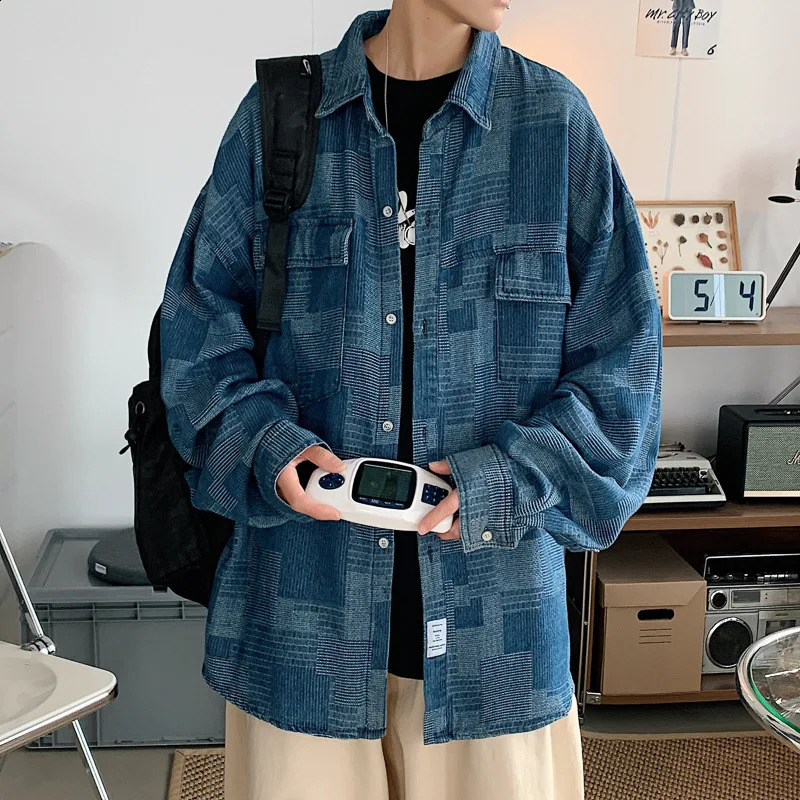 Hong Kong Style Autumn Denim Work Jacket Harajuku Shirt Men Thin Japanese Fashion Loose Longsleeved Casual 250110