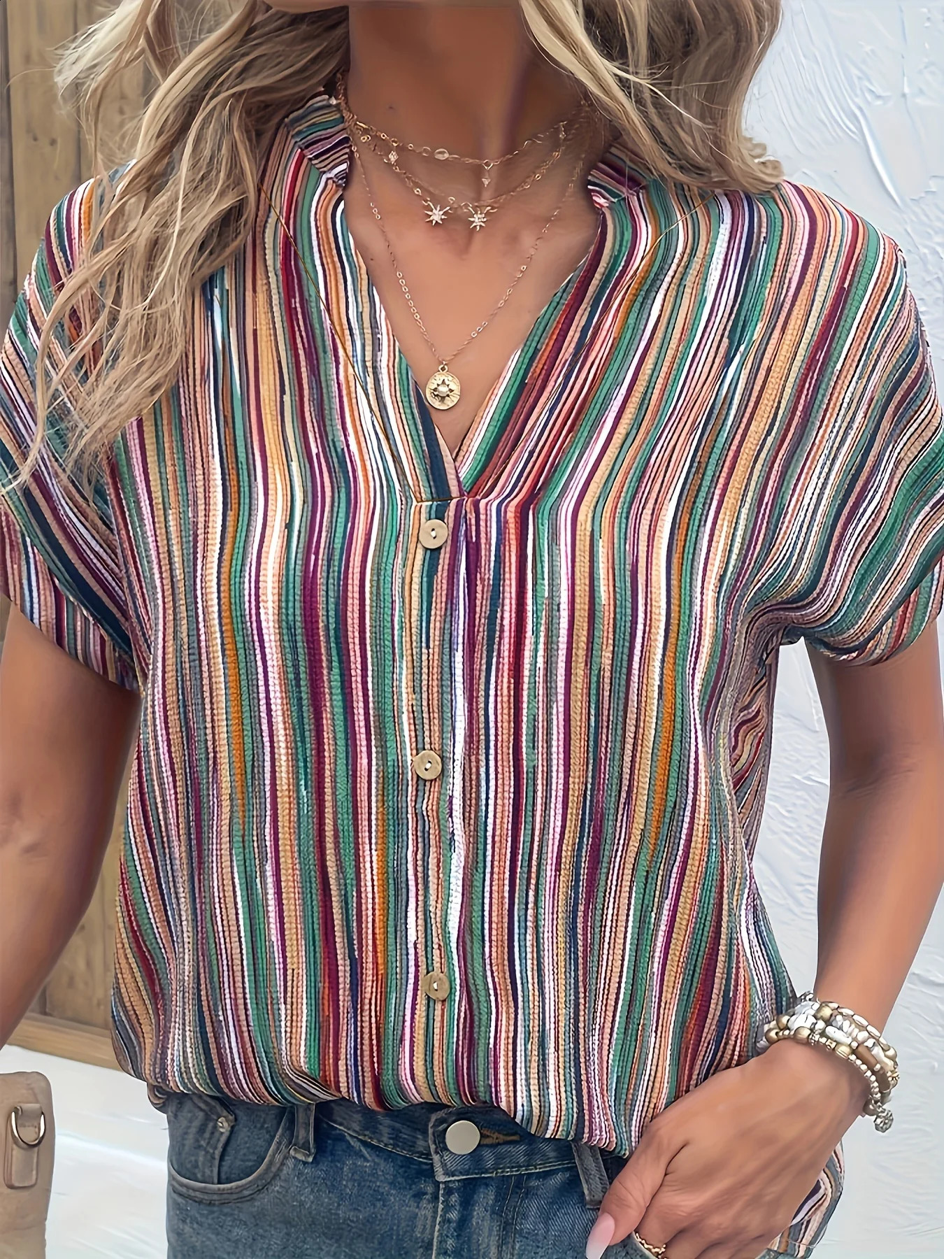 Plus Size Striped Print Blouse Casual Round Collar Half Sleeve For Spring Womens Clothing 250122