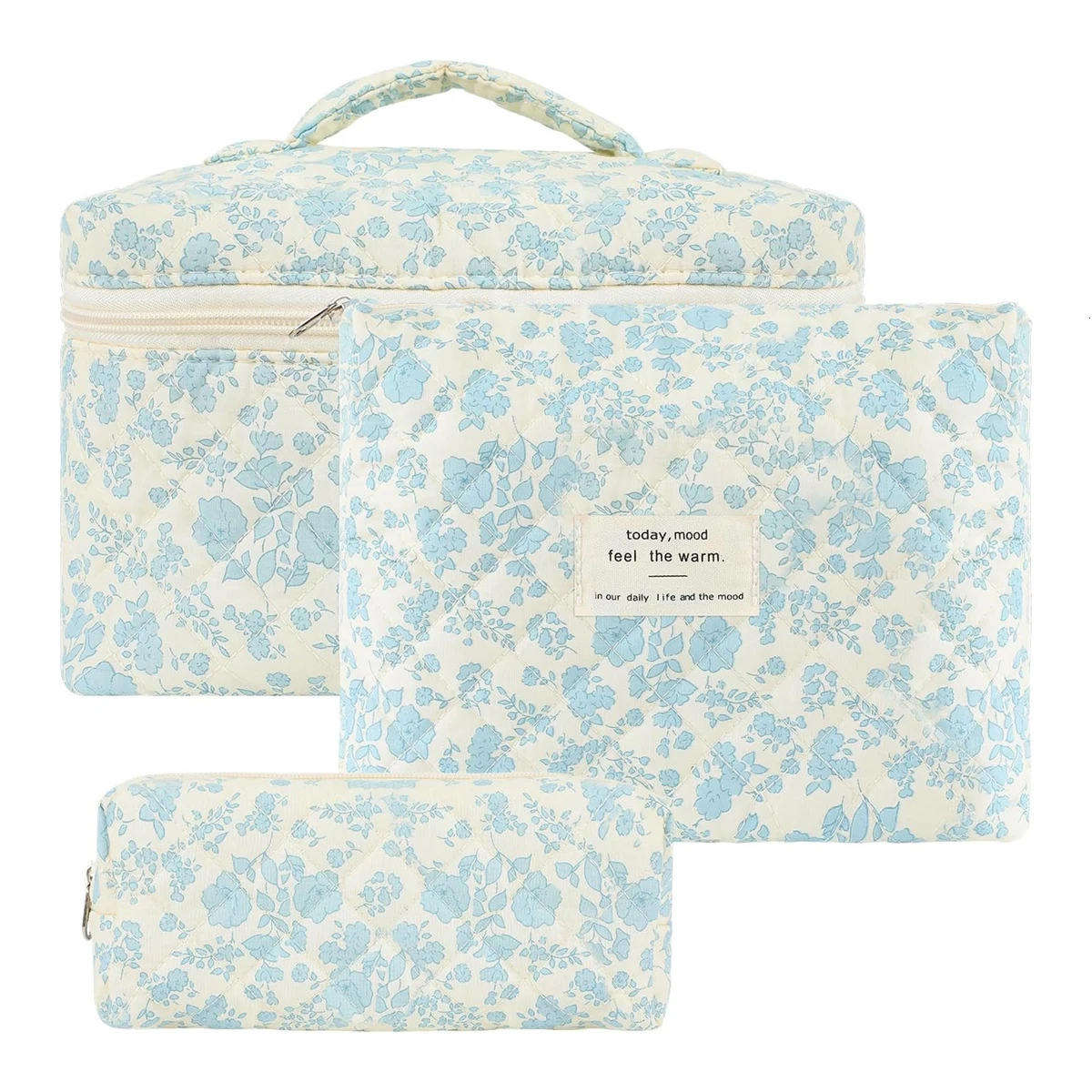YANZAI 3 Pcs Cotton Quilted Makeup Bag Set Floral Cotton Cosmetic Bag Aesthetic Womens Large Capacity Toiletry Organizer250114