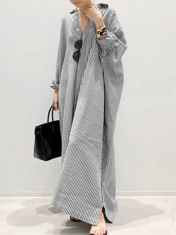 2025 Stripe Printed Beach Party Sundress ZANZEA Spring Fall Bohemian Women Long Sleeve Lapel Dress Fashion Casual Loose Dresses 250117