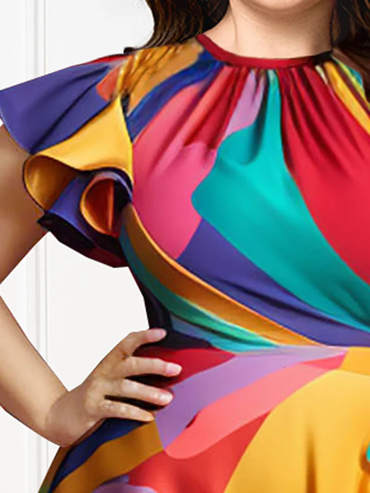 Pleated ALine Ruffle Prom Dresses Plus Size Multicolor Round Neck Petal Sleeve Short Elegant Sweet Satin Midi 250121