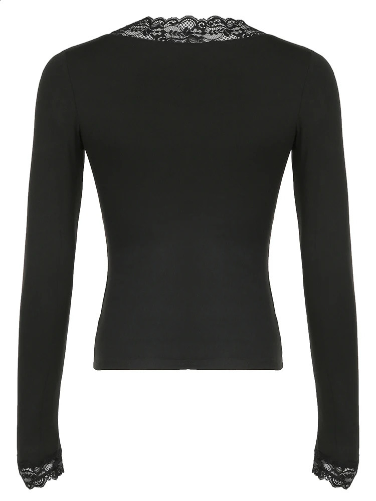 Cuteandpsycho Lace Patchwork Solid Slim Tee Shirts Long Sleeves Vneck Aesthetic Fashion Clothes Vintage Streetwear Black Tops 250114Z