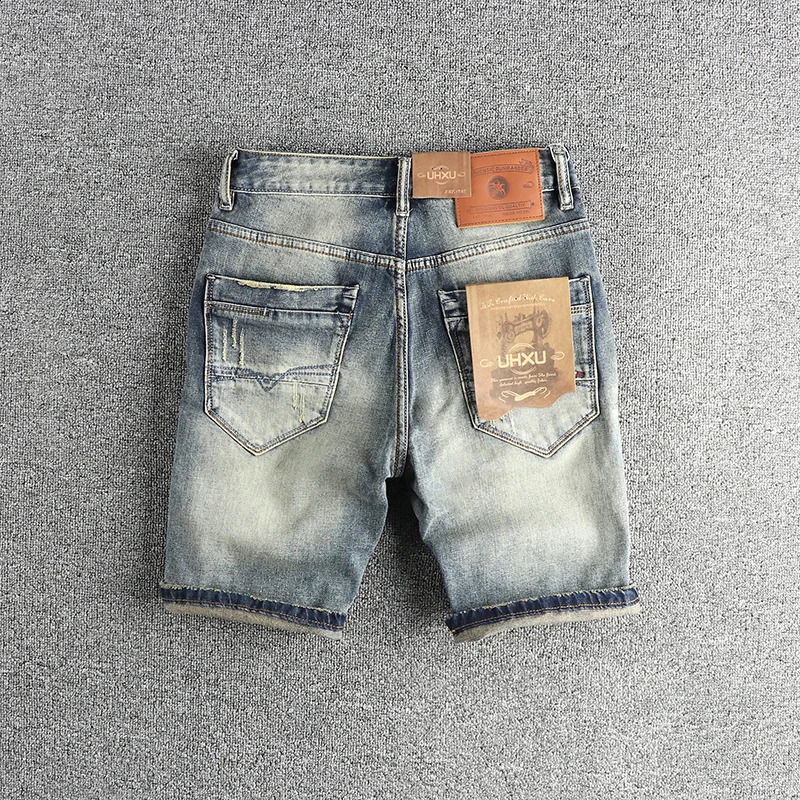 Heavy retro wash cat beard hole denim shorts men slim small straight leg European and American trend summer quarter pants 250110