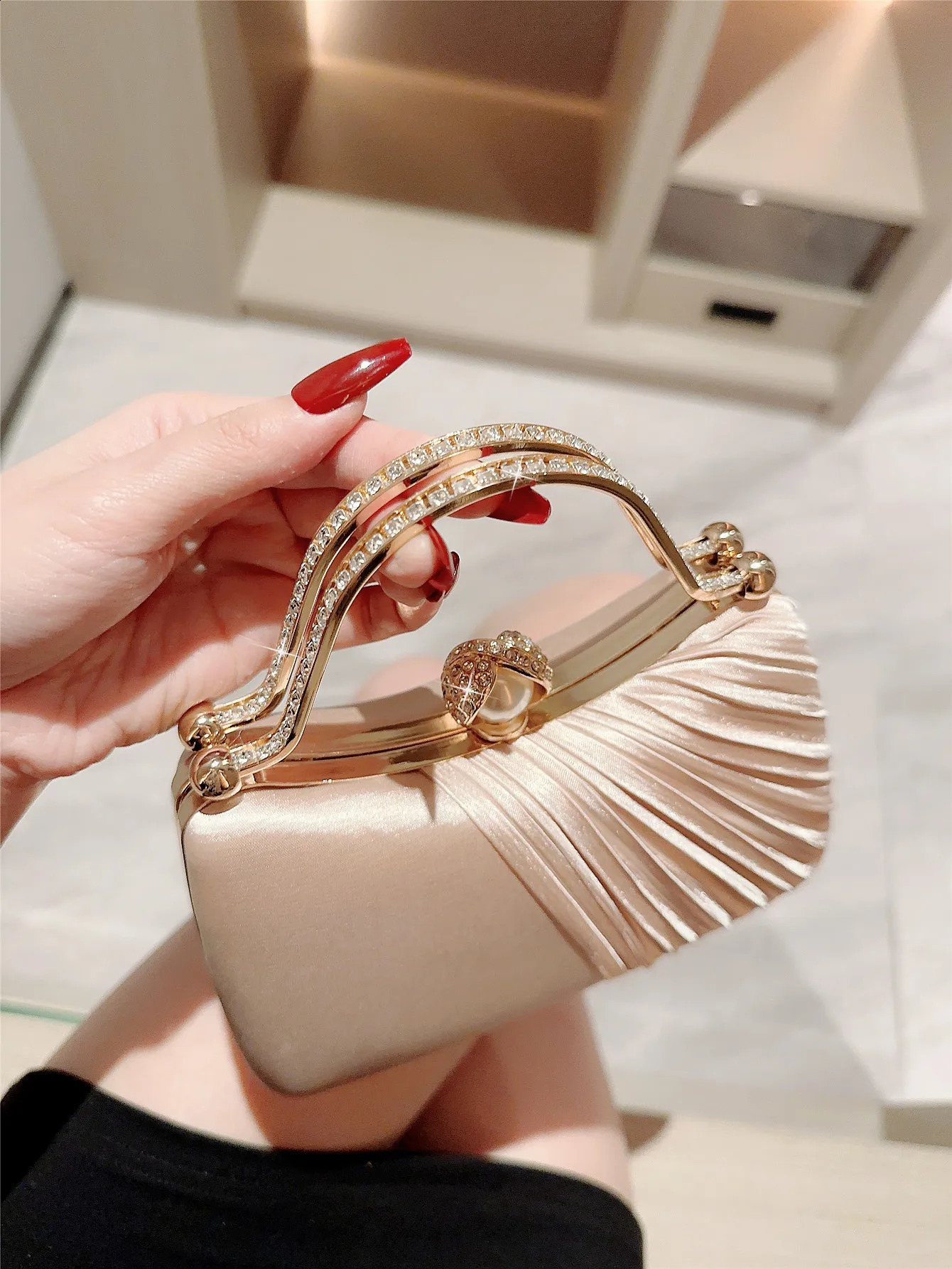A fashion casual Satin Pleated Evening Bag Shiny Rhinestone Decor Prom Bag Romantic Wedding Bag Party Bag Evening Bag Dress Bag Bridal Bag Chain Bag C