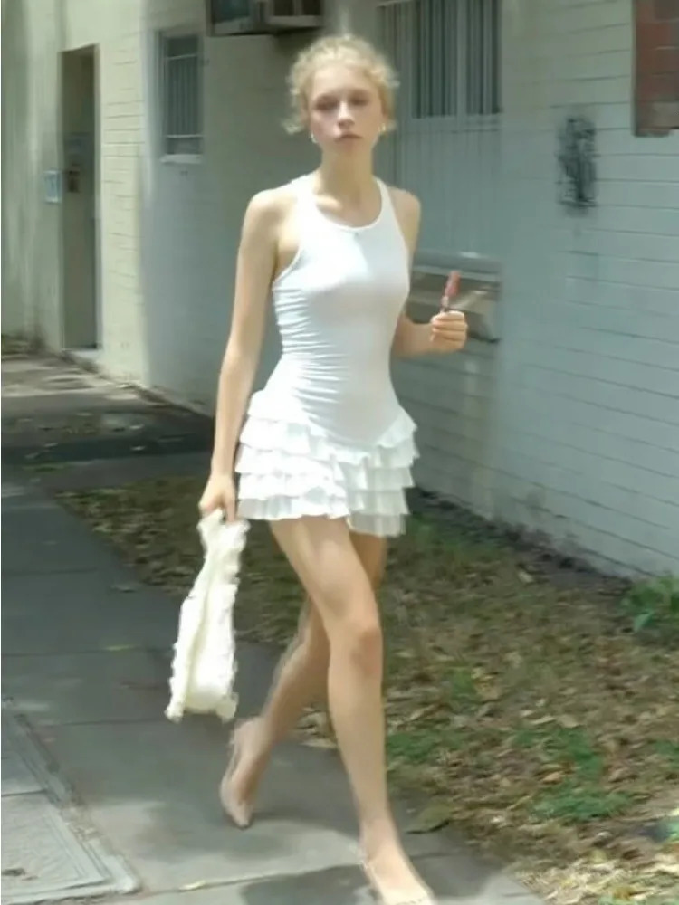 Tossy Ruffled Summer Fashion Mini Dress For Women Patchwork Slim Tee Bow Solid Sleeveless Dress Womens White Bodycon Dress 250121