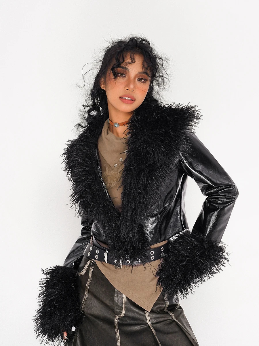 Autumn and winter womens Gothic decal artificial leather cut jacket Harajuku Grunge Y2k streetwear er coat badge trend 250118