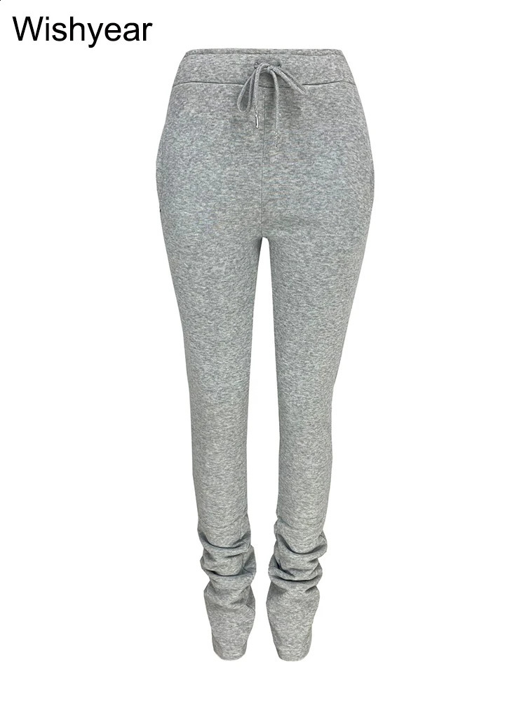 Sales Solid Stacked Pencil Pants Women High Waist Pocket Drawstring Ruched Fleece Trousers Sporty Jogging Bottoms Sweatpants 250122
