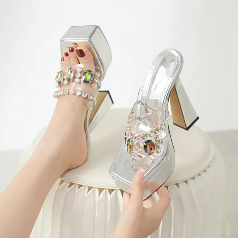 Sexy Peep Toe Platform Transparent Pvc Broad Band Crystal Slippers for Women Shoe Slides Square Head 15cm High Heels Rome Sandal 250113