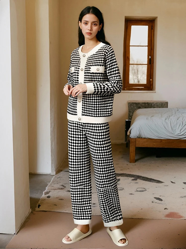 Womens Elegant Plaid Pajama Sets Ladies Sleep Pajamas Long Sleeve Spring Sleepwear Loungewear Set Women Cardigan Pants 250122