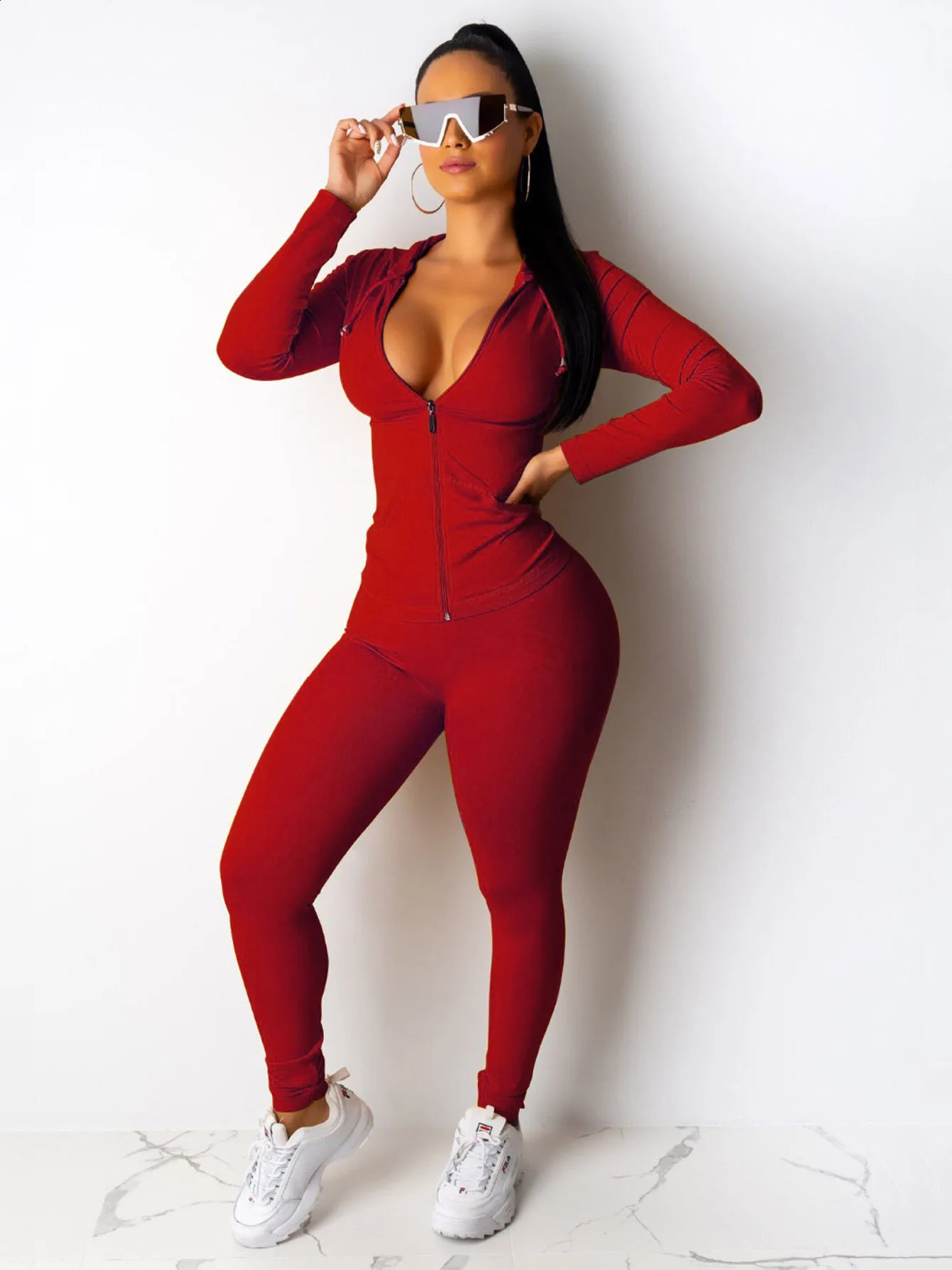 Autumn Two Piece Set Women Long Sleeve Hooded Zipper Pocket Sporty Jacketsleggings Matching Sets Workout Stretchy Outfits 250108